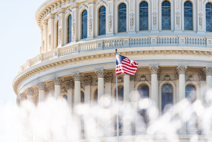 Photo of the U.S. Capitol with U.S. flag waving.