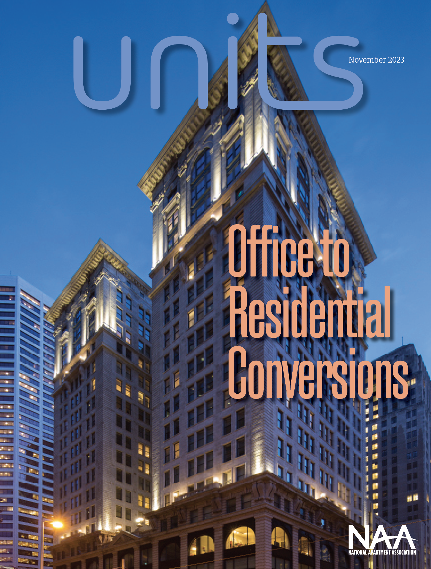 units magazine cover, november 2023: title "office to residential conversions"