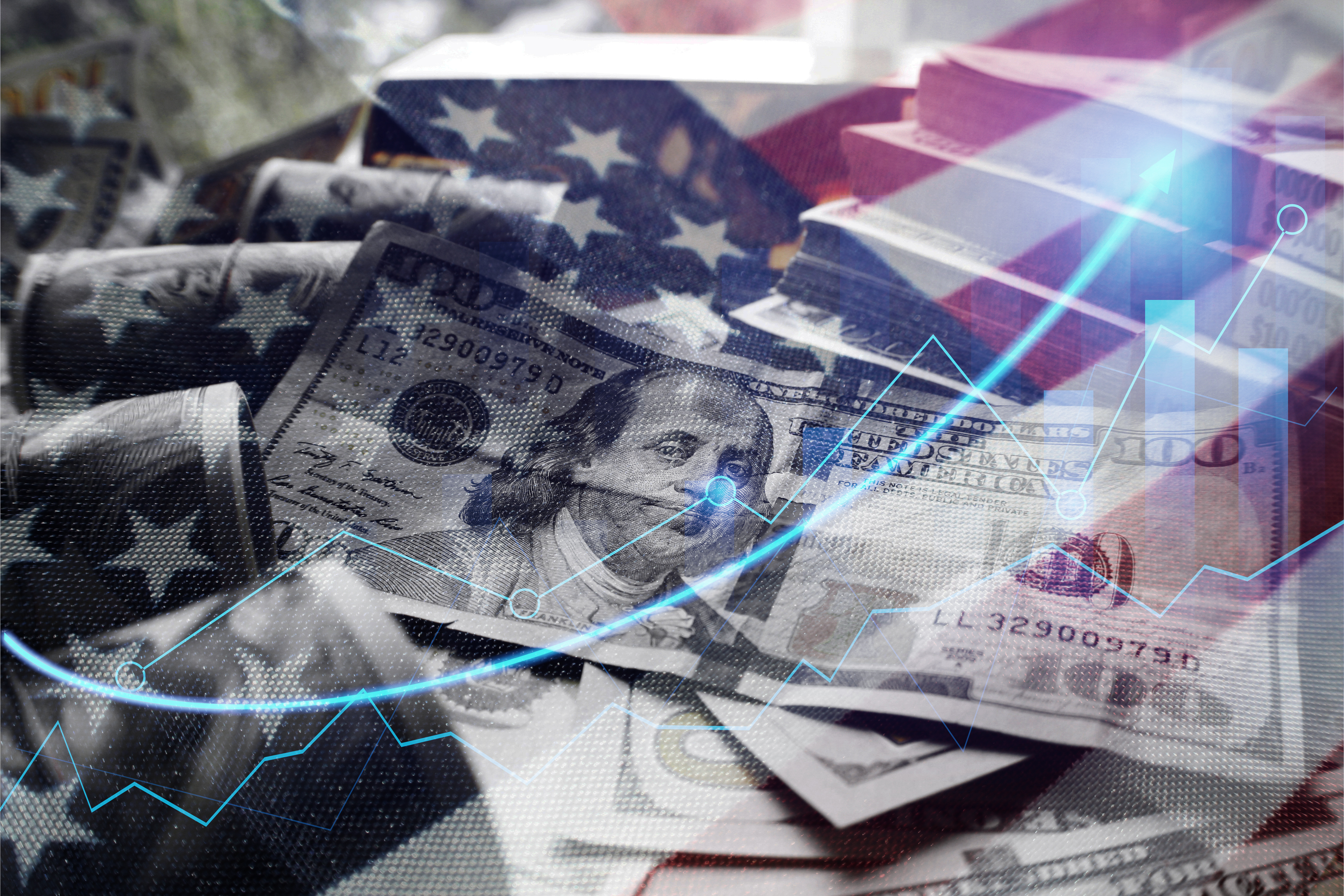 american flag with 100 dollar bill and rising graph overlaid