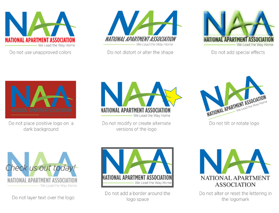 Incorrect Usage guide for the NAA logo, including using unapproved colors, distorting the shape, using a dark background, adding special effects, creating alternate logos, tilting or rotating the logo, altering lettering, using a border, and putting text overtop the logo 