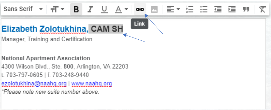 The sample signature, with the certification highlighted and a blue arrow pointing to the "Add hyperlink" button