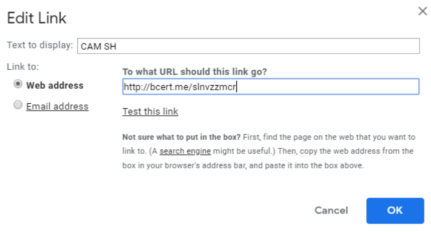 The "Edit Link" popup window, with the BadgeCert URL in the link field.
