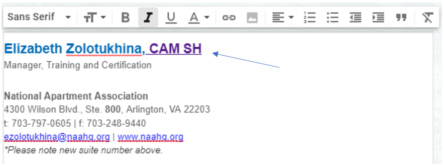 The sample email signature, with the certification linked to the BadgeCert URL