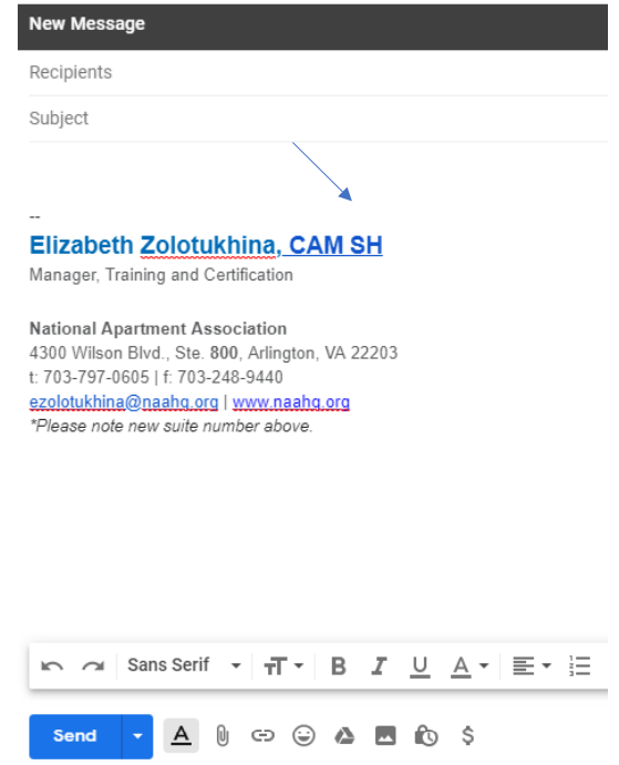 A screenshot of how the signature will look on a blank email.