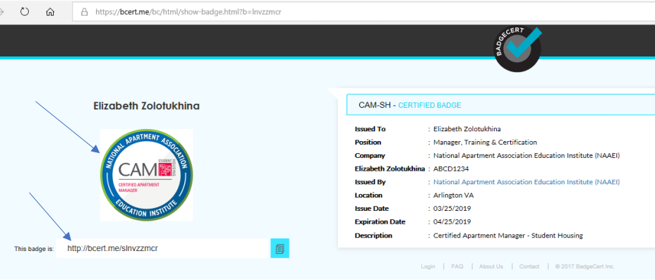 The BadgeCert landing page, with blue arrows pointing to both the image of the BadgeCert and the URL where the user can access the badge information.