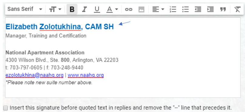 An example of an email signature, featuring the name, certification, and contact information