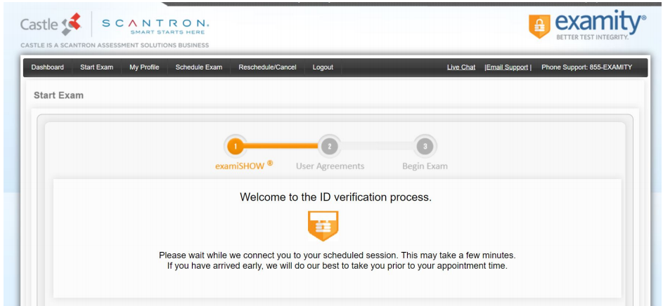 A screenshot of the Scantron website, showing page welcoming the user to the ID confirmation process.