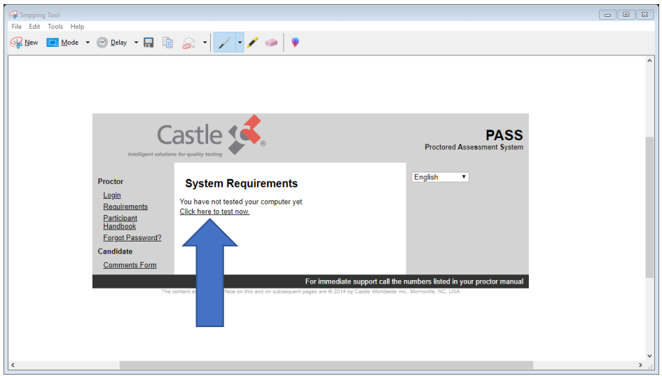 A screen on the Castle website discussing system requirements. A blue arrow points to a button that says "test now."