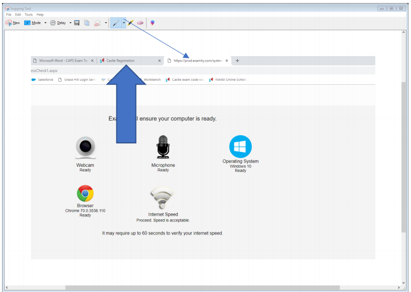 The system requirement check screen, with "ready" printed below each icon and "Speed is acceptable" under the internet speed icon. A thin blue arrow points to the "X" to close this tab, and a thicker blue arrow points to the previous tab, where the user will return.