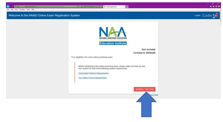 The registration welcome screen, with a thick blue arrow pointing to a red button that says, "Schedule/Take a live online proctoring exam."