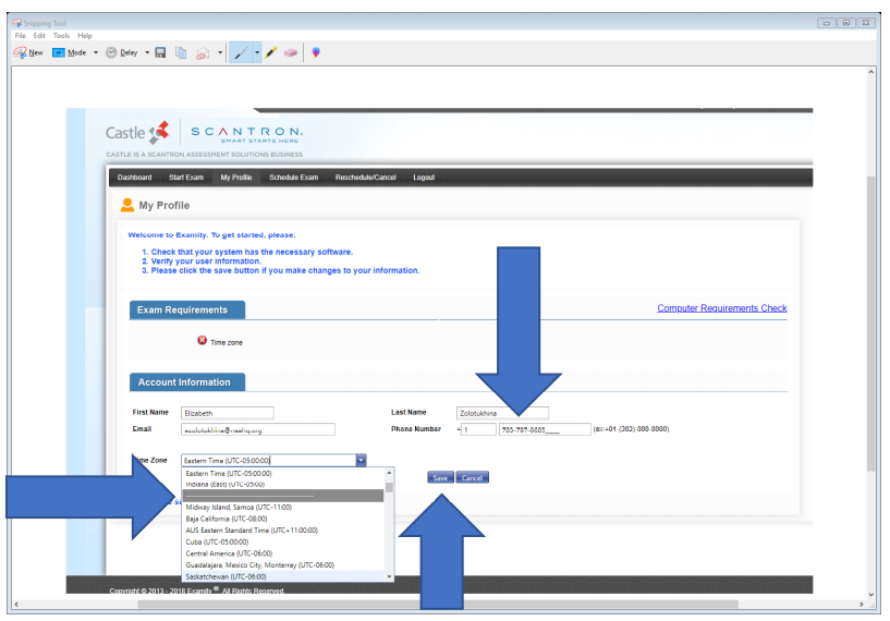 The account information section, with blue arrows pointing to the phone number and time zone fields. Another arrow points to the "save" button for once the user has updated their information.