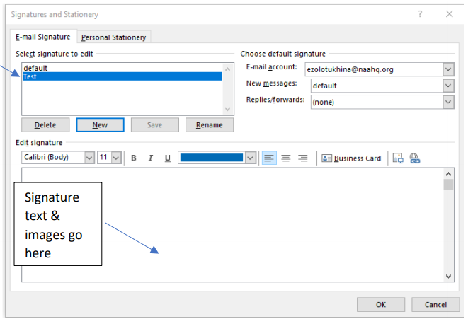 A screenshot of the Signatures popup window, with a blue arrow pointing to the newly created signature and another blue arrow pointing to the field where the user can create their signature. Text over the latter says, "Signature Text & Images Go Here"