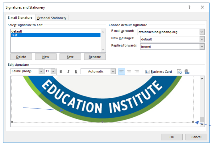The BadgeCert image in the signature text box, with blue arrows pointing to the corners where you can drag the image to make it larger or smaller.