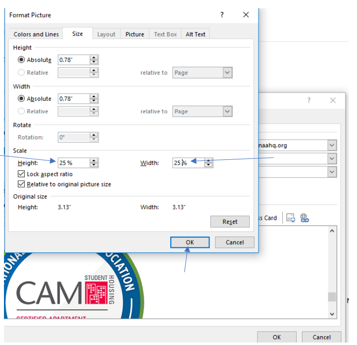 The "Size" submenu, with blue arrows pointing to the Width and Height fields, where the user should type in 25.