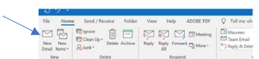 A blue arrow pointing to the "New Email" button in Outlook.