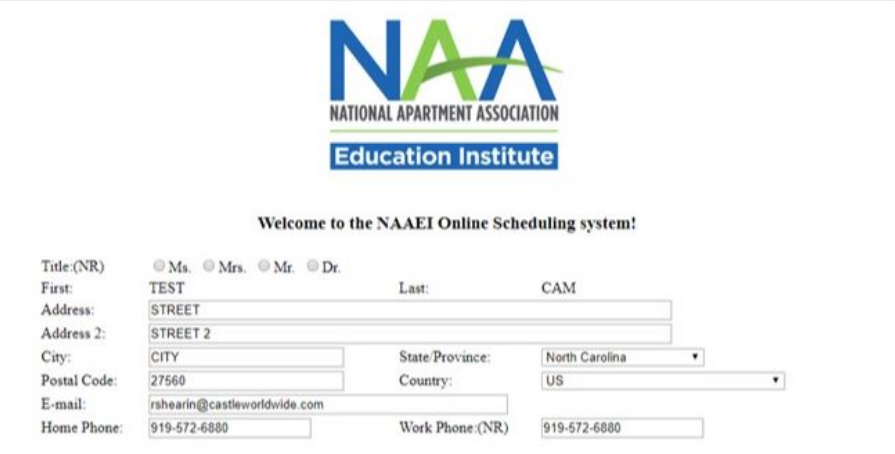 The NAAEI online scheduler's page for collecting information about the user, such as address.