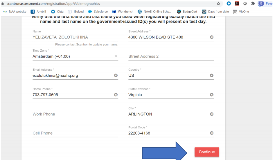 A demographics information collection form for the user to fill out and a blue arrow pointing to the continue button.