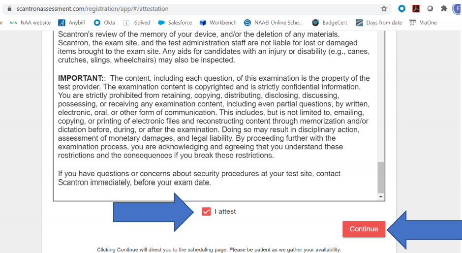 A screenshot of the exam admission requirements and a blue arrow pointing to a checkbox reading, "I attest." Another blue arrow points to the continue button.