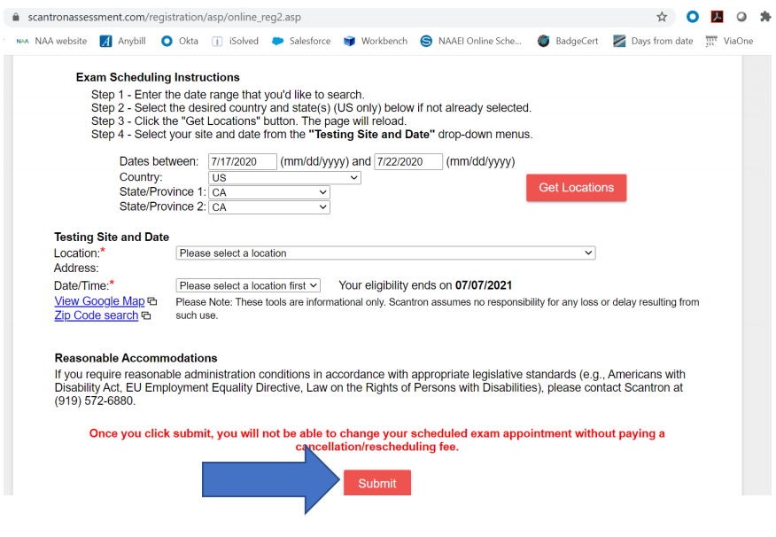 A confirmation screen for the user to choose their date and time, with a blue arrow pointing to a button reading, "Submit".