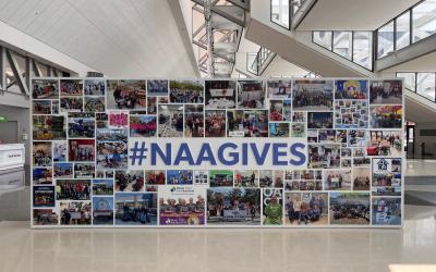 Photo of the 2023 #NAAGives Wall, NAA's annual charitable giving display at Apartmentalize.