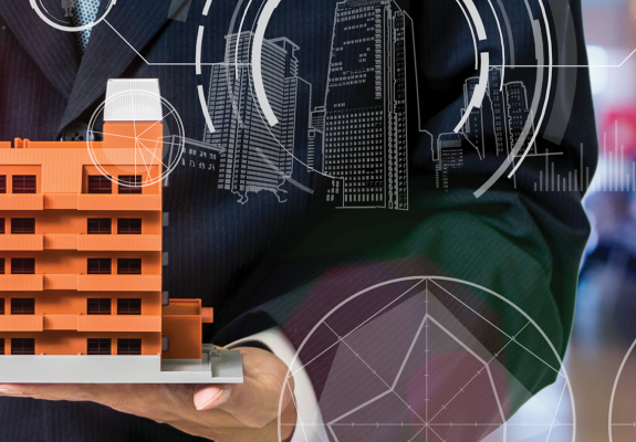 man holding apartment building model, with overlay of tech graphics