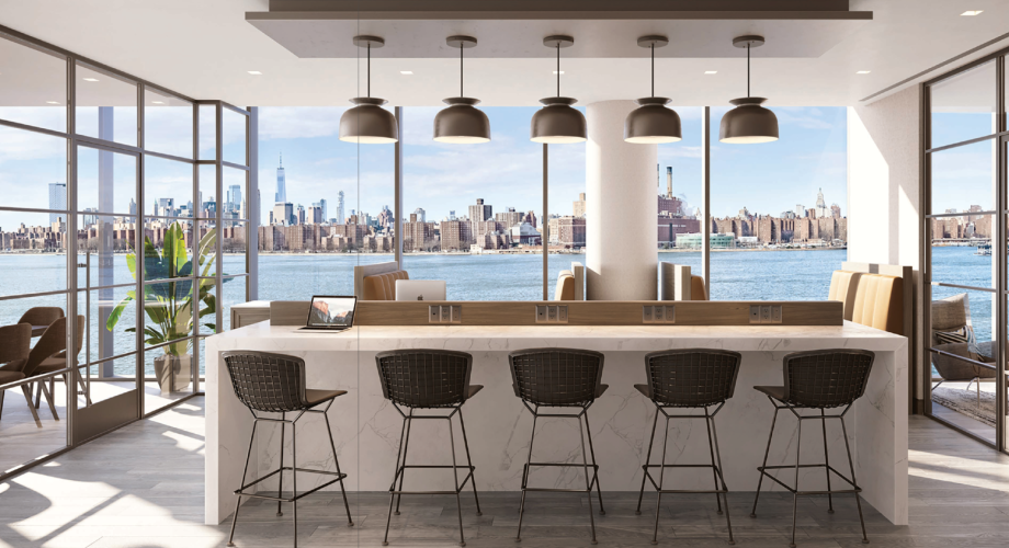 modern apartment kitchen overlooking a city skyline