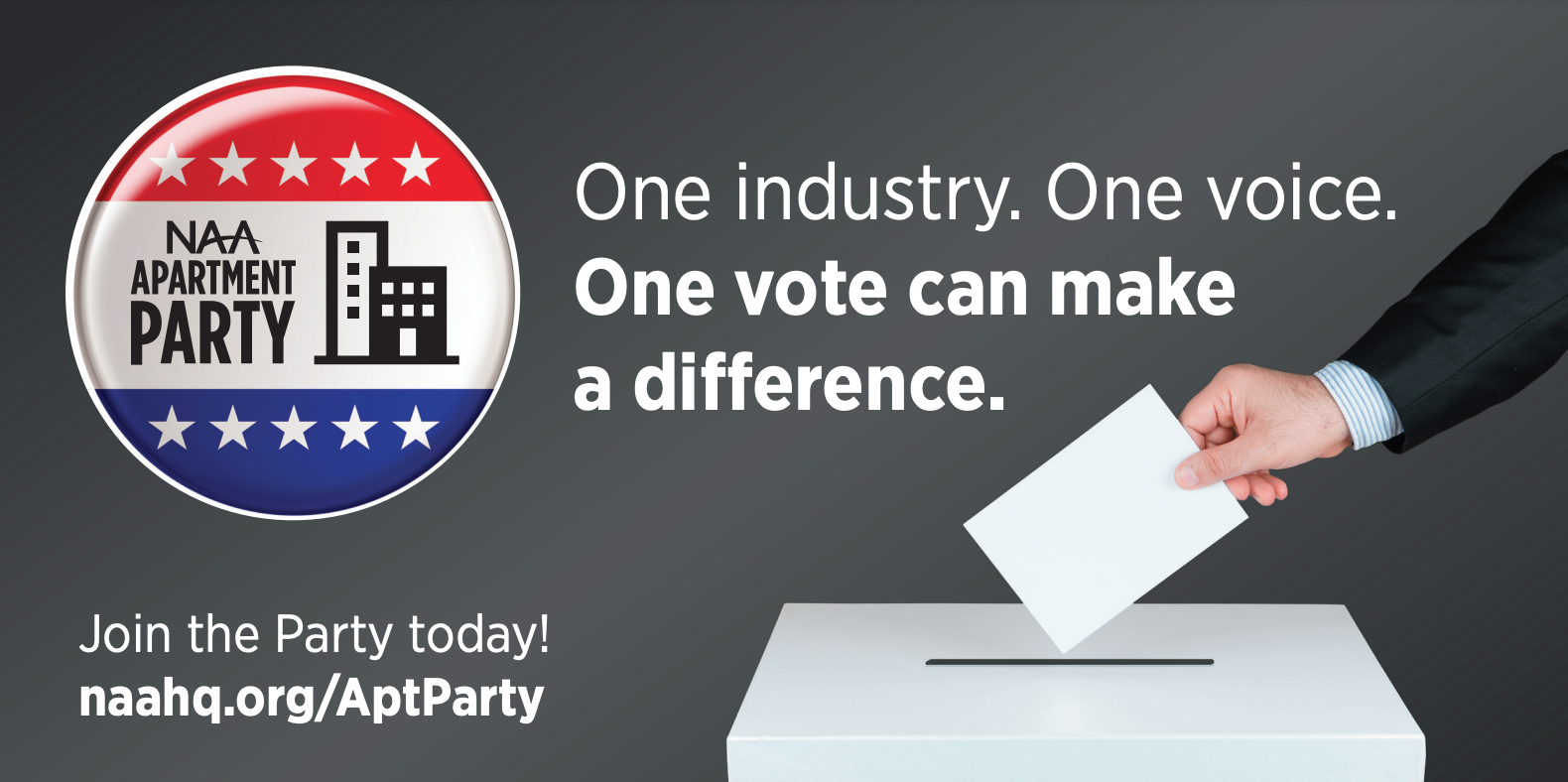 NAA Apartment Party graphic: says "one industry. one voice. one vote can make a difference. join the party today!"