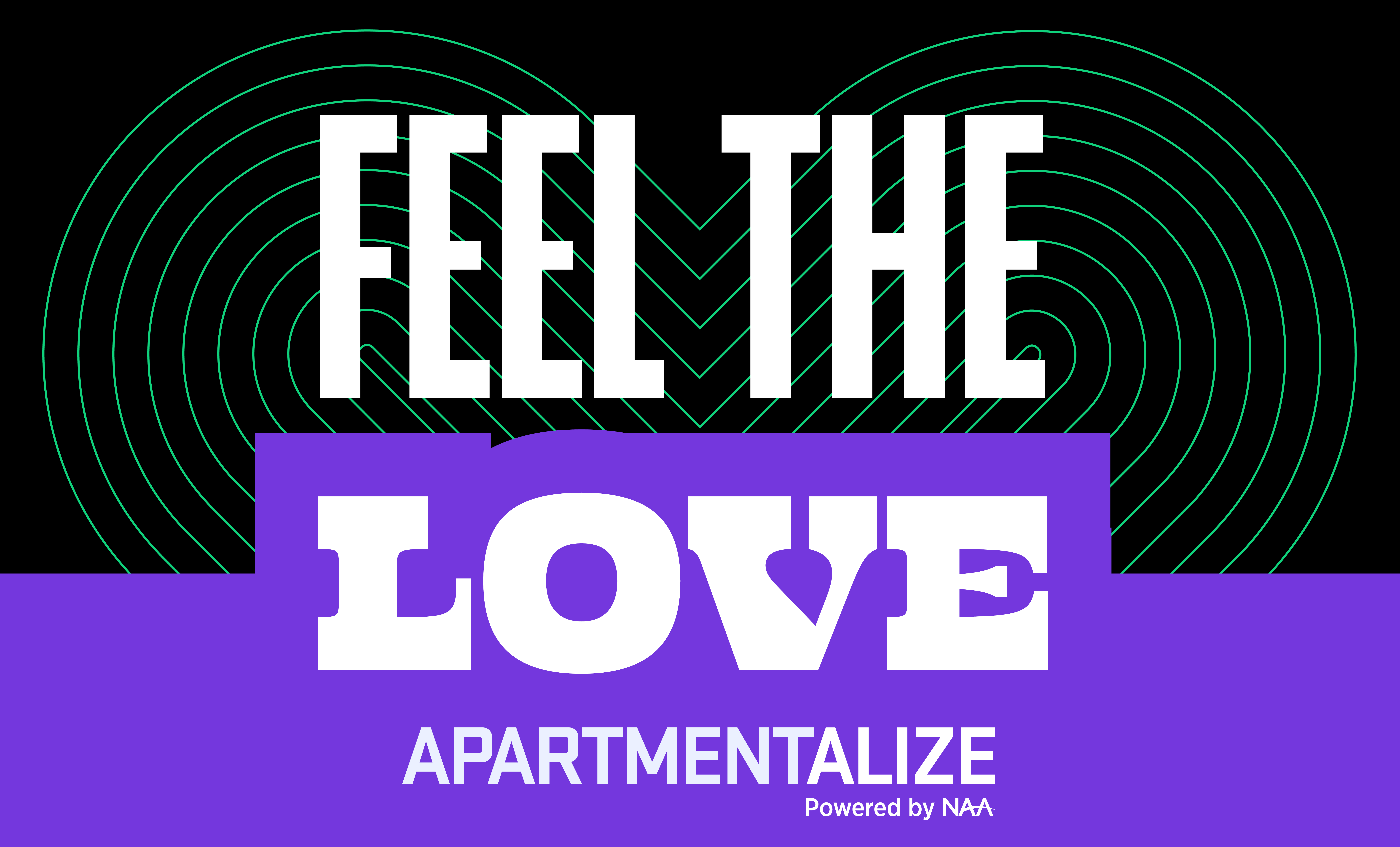"Feel the Love" printed on black background with purple highlights